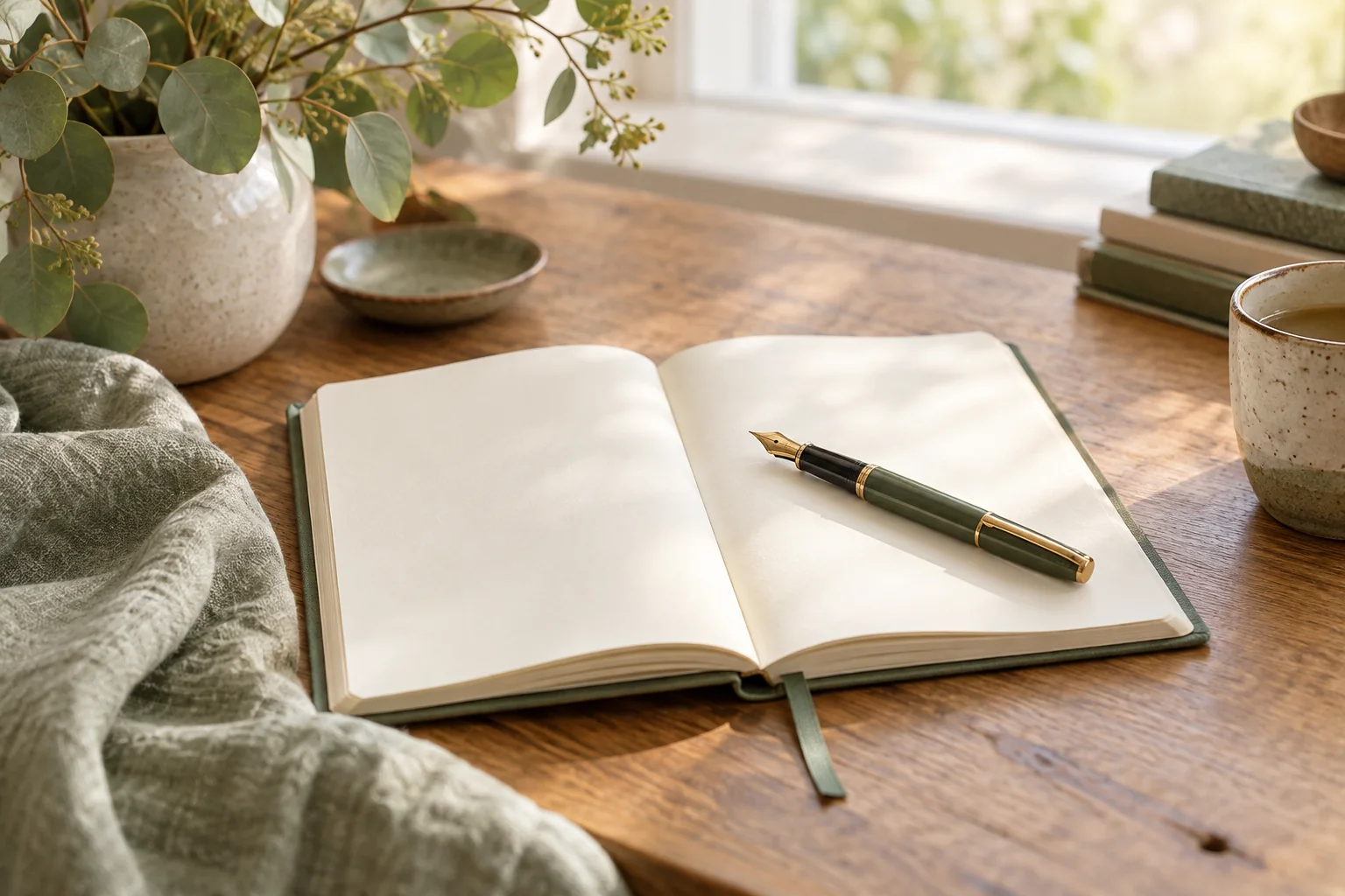 An open notebook and pen beside greenery