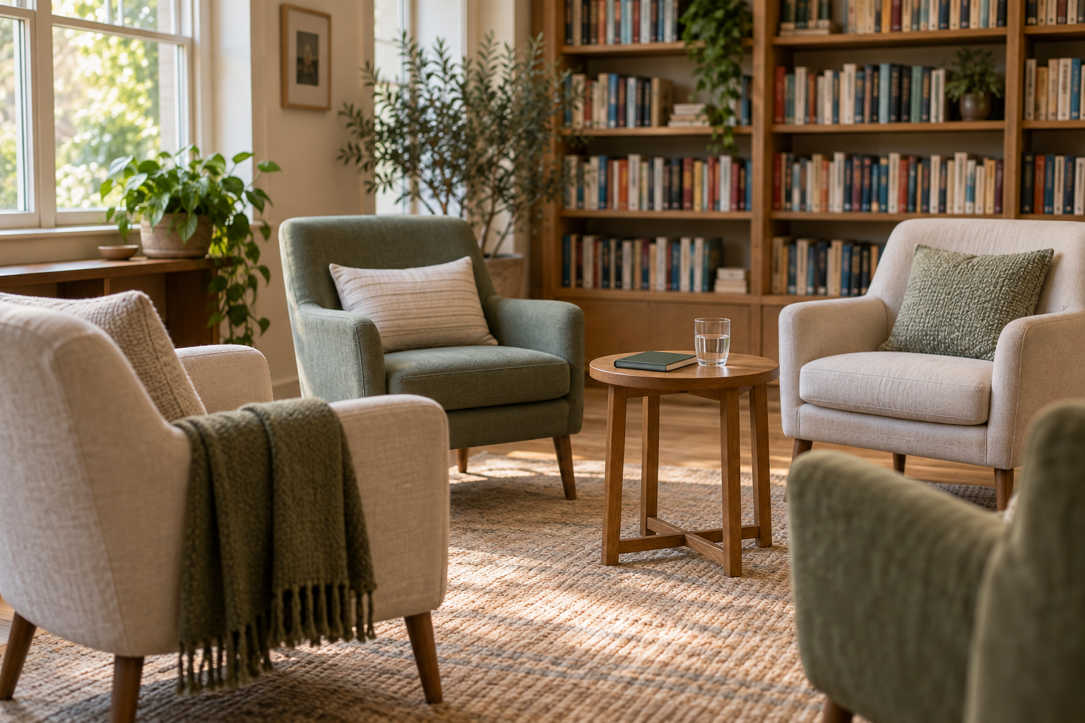 A welcoming library meeting space with chairs arranged for conversation