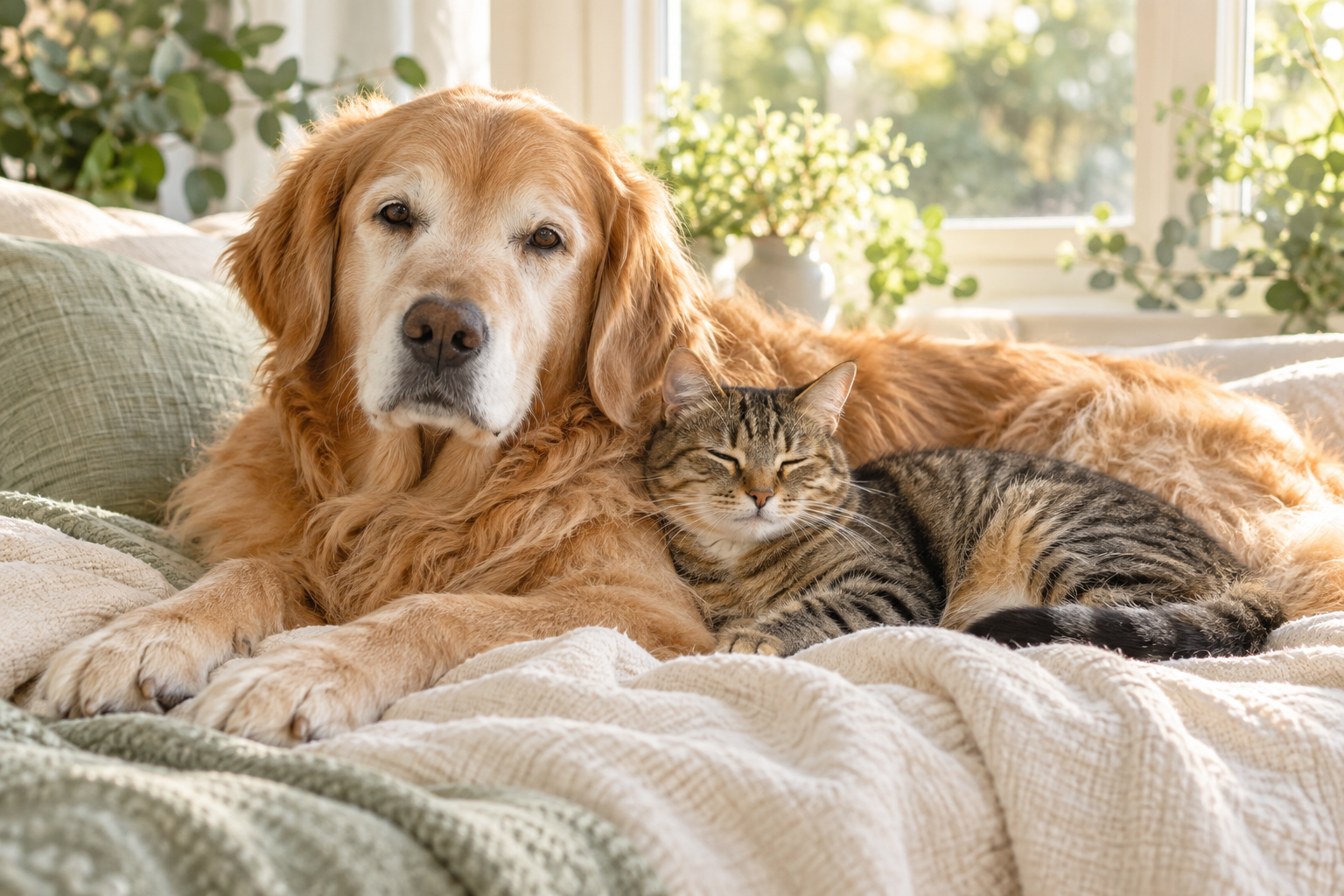A dog and cat resting together on a soft blanket in warm window light