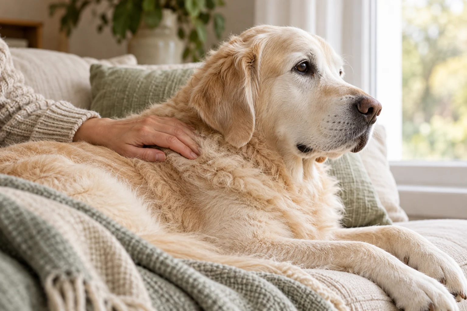 A person gently resting a hand on a relaxed dog beside a window